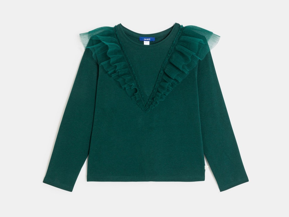 T-Shirt grün lange Ärmel mit Volants Mädchen 2