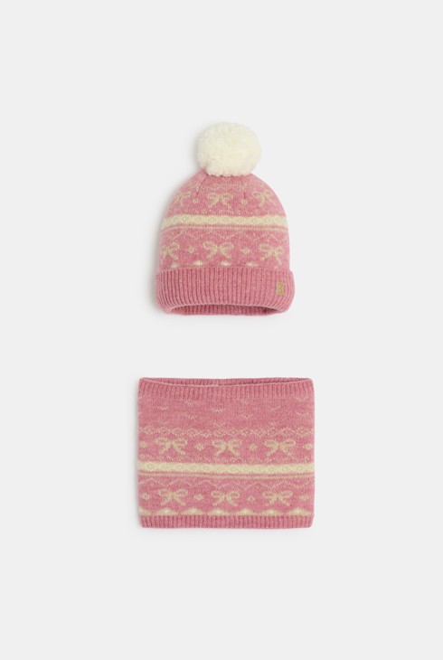 Ensemble bonnet et snood rose Fille 1