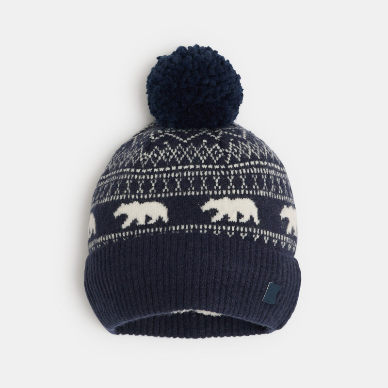 Blaue Strickmütze mit Bärenmotiv für Jungen
