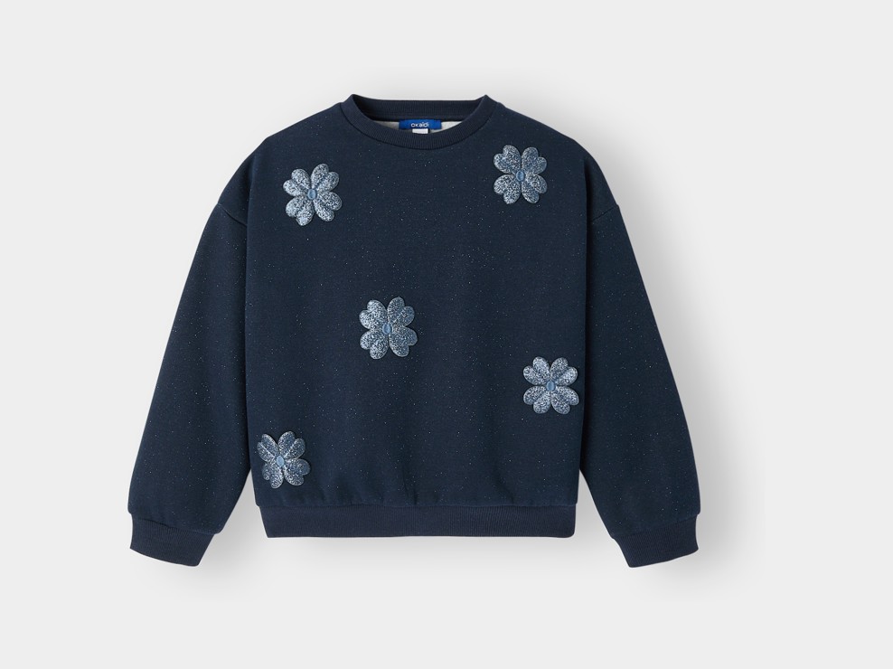 Sweat molleton fleurs bleu marine fille 1