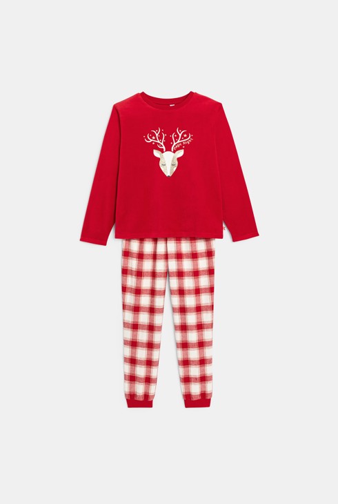 Pigiama 2 pezzi rosso in ciniglia con motivo renna per Bambina 1