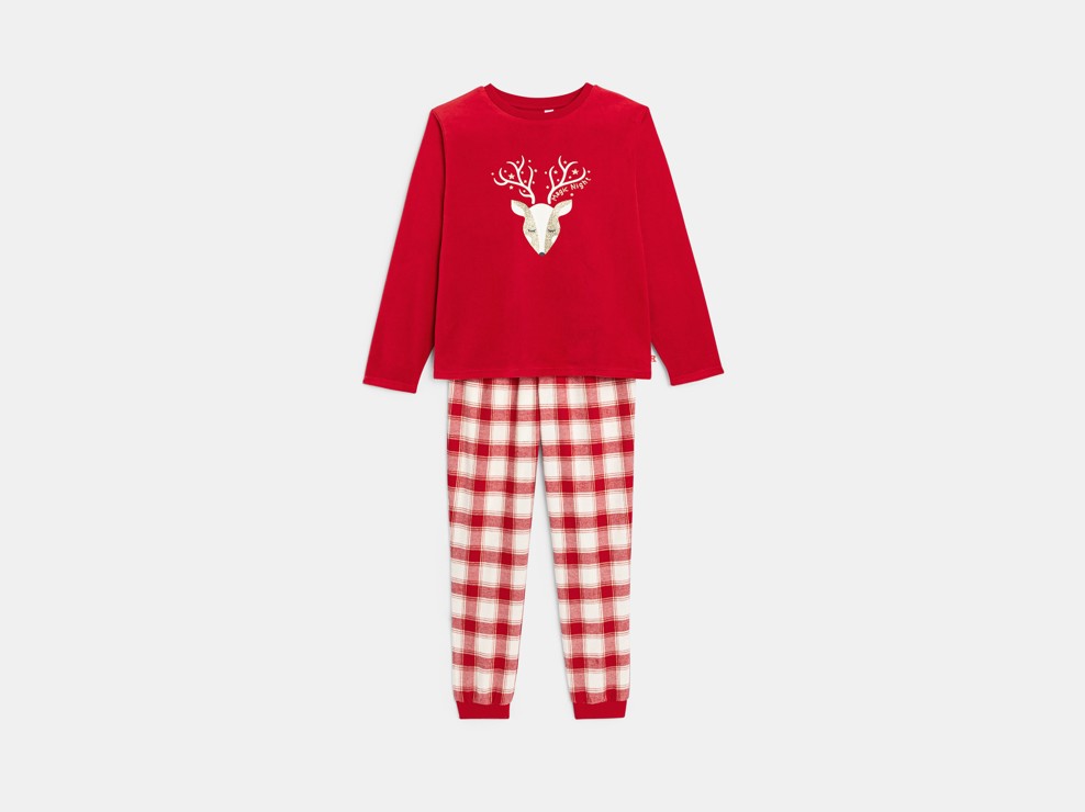 Pyjama 2 pièces en velours rouge motif renne Fille 1
