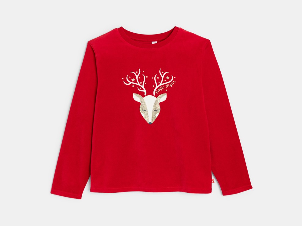 Pyjama 2 pièces en velours rouge motif renne Fille 2