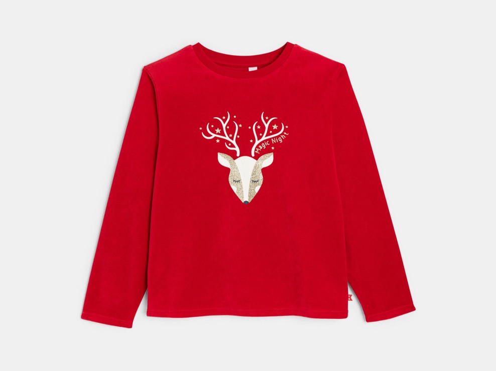 Pigiama 2 pezzi rosso in ciniglia con motivo renna per Bambina 2