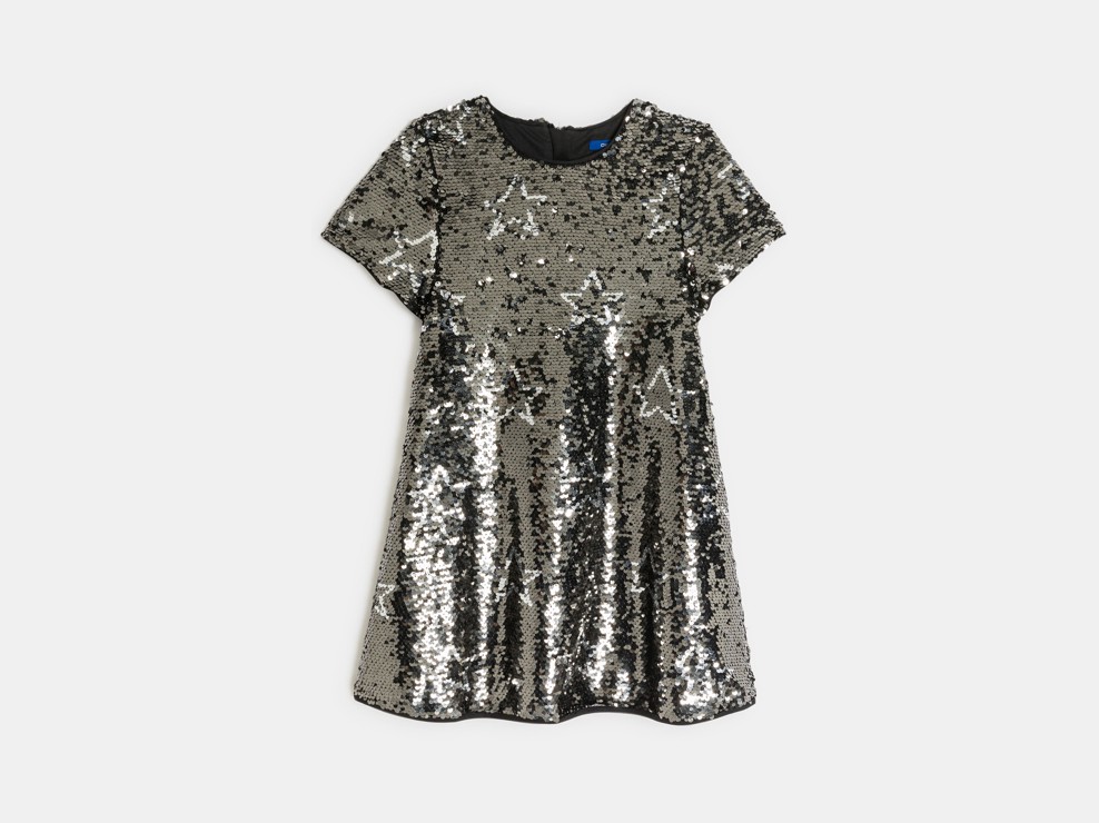 Graues Kleid mit Pailletten und Sternchenmuster Mädchen 2