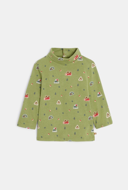 T-shirt a collo alto verde in jersey con stampa per neonato 1