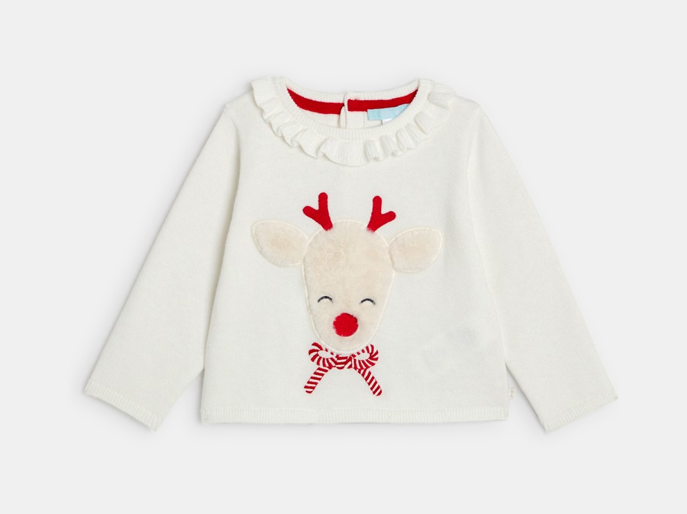 Dekliški pleten pulover bele barve z motivom severnega jelena za dojenčke 1