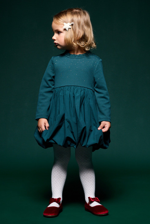 Baby girl's dark green pleated two-fabric dress 1