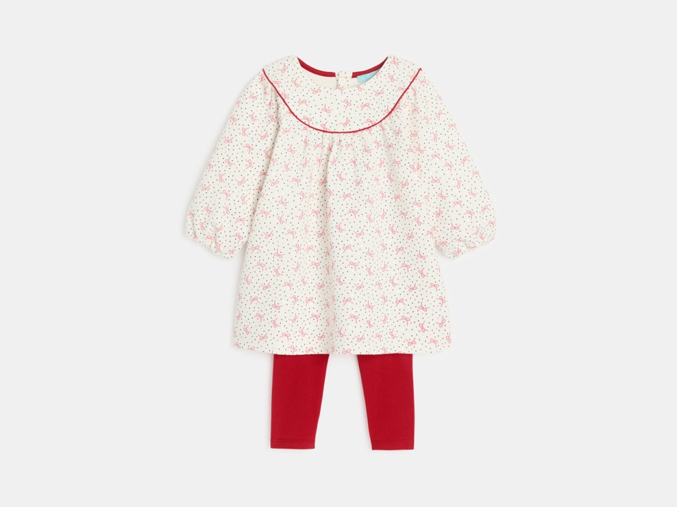 Weites Kleid mit Aufdruck und weiße Leggings Kleinkind Mädchen 2