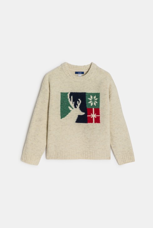 Maglione beige in jacquard con motivo cervo per Bambino 2