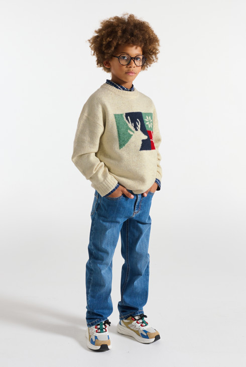 Maglione beige in jacquard con motivo cervo per Bambino 1
