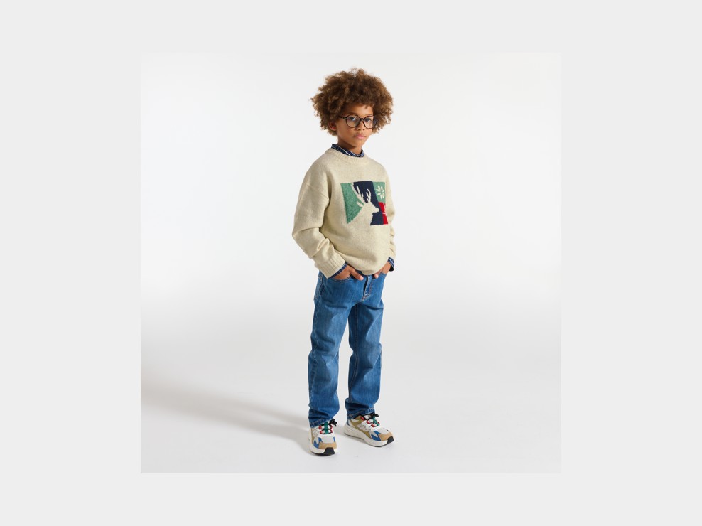 Pull jacquard motif cerf beige Garçon 1