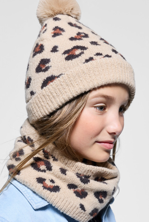 Conjunto de gorro + braga para cuello de punto leopardo niña 1