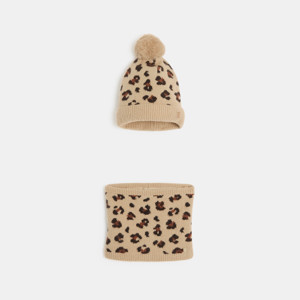 Ensemble bonnet + snood en tricot léopard Fille