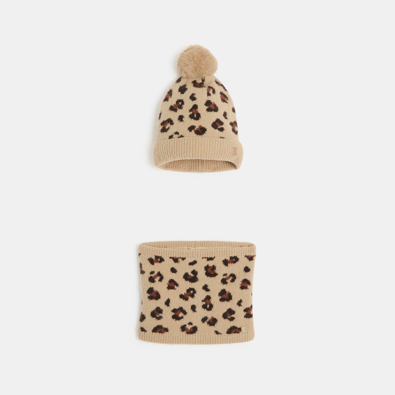 Set Strick-Mütze + Snood mit Leopardenmuster für Mädchen