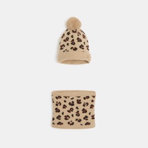 Ensemble bonnet + snood en tricot léopard Fille