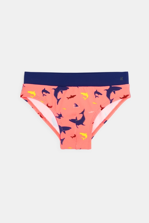 Orange Badehose, gestreift und mit aufgedrucktem Hai-Motiv für Jungen 1