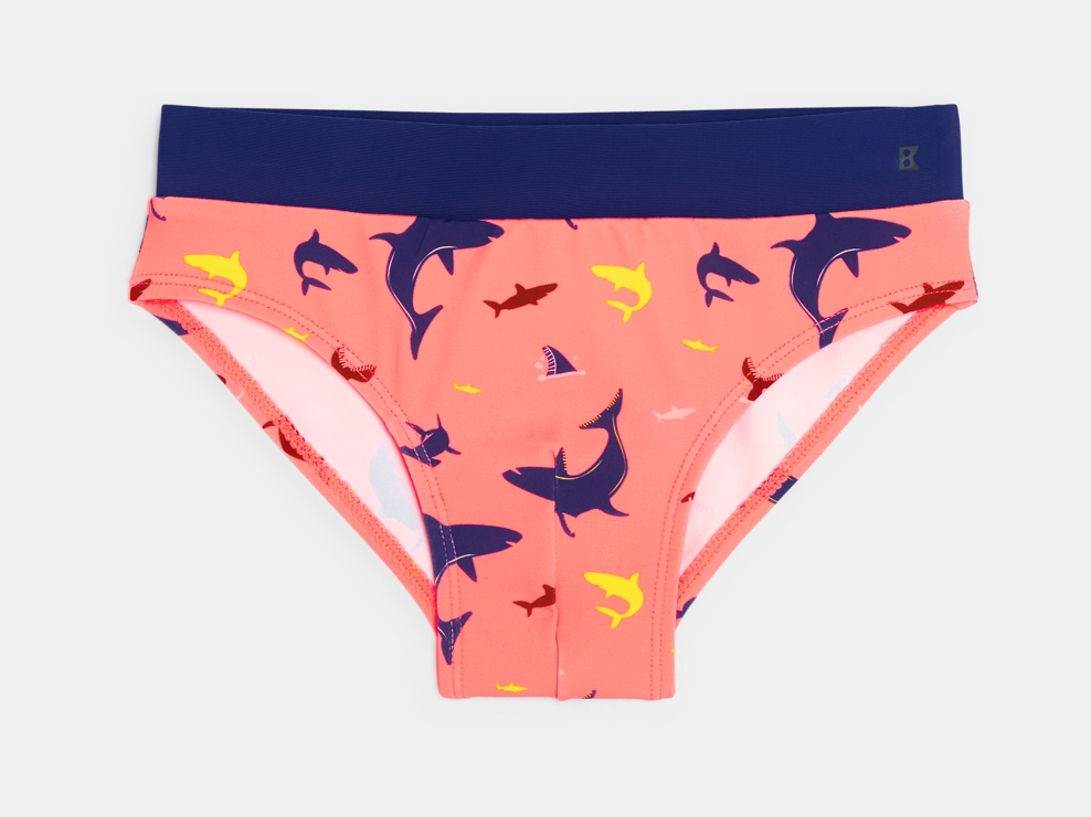 Orange Badehose, gestreift und mit aufgedrucktem Hai-Motiv für Jungen 1