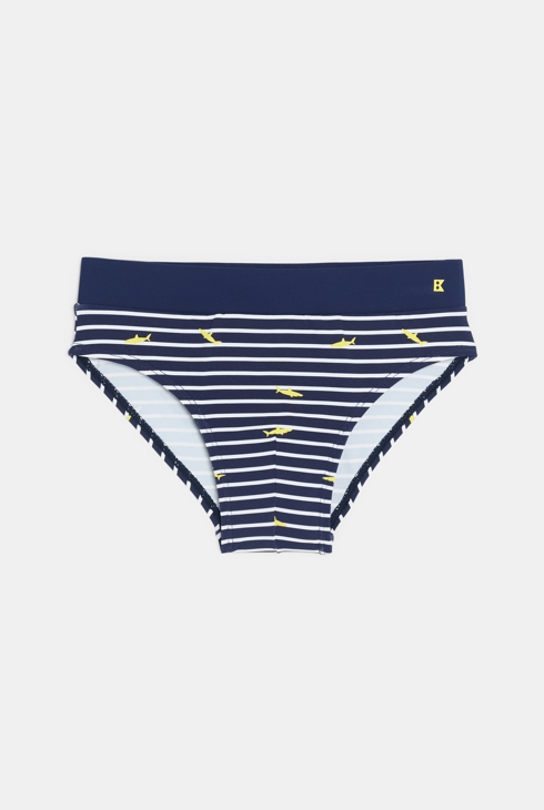 Blaue Badehose, gestreift und mit aufgedrucktem Hai-Motiv für Jungen 1