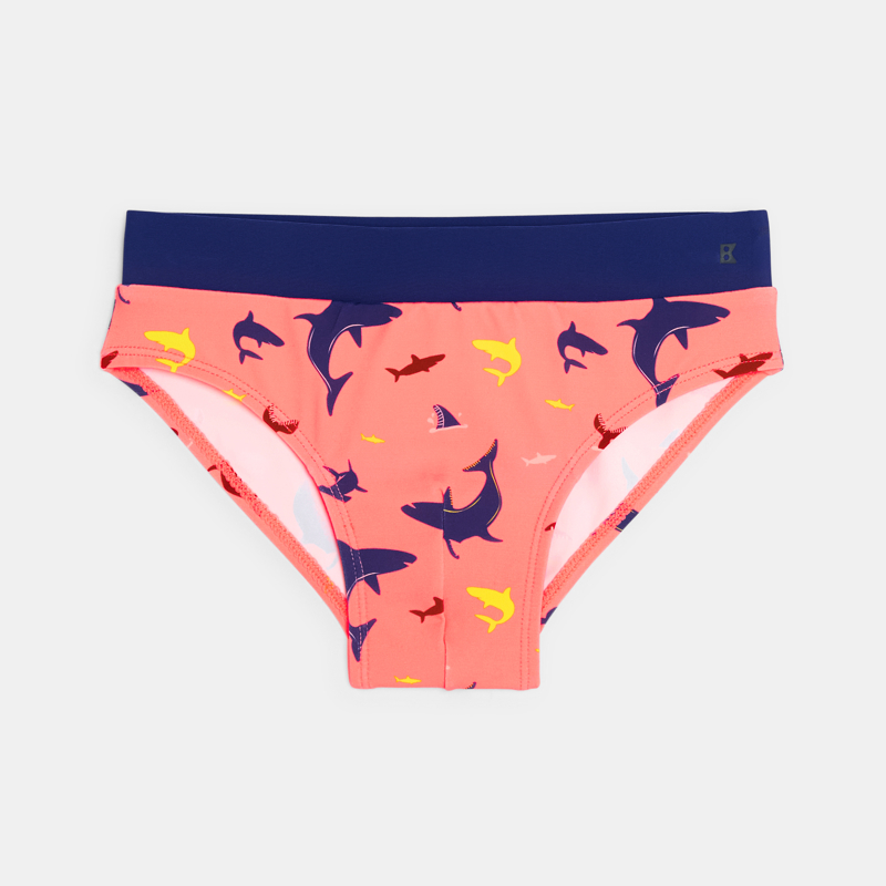 Orange Badehose, gestreift und mit aufgedrucktem Hai-Motiv für Jungen