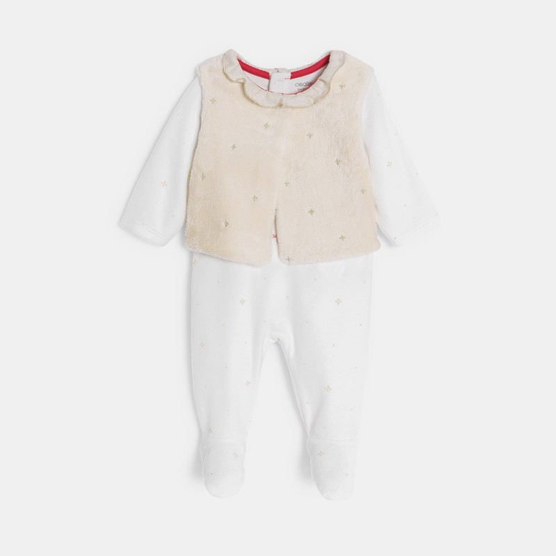 Weißer Strampler aus Samt und beige Weste für kleine Mädchen