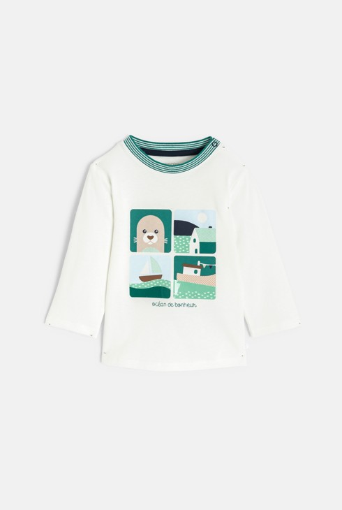 T-shirt a maniche lunghe bianca con motivo per neonato 1