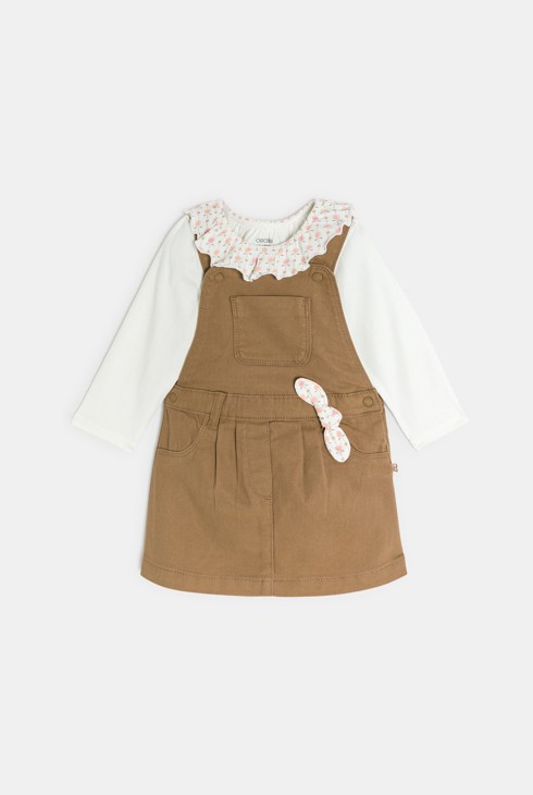 Braunes Latzkleid aus Twill und weißes T-Shirt, Baby, Mädchen 2