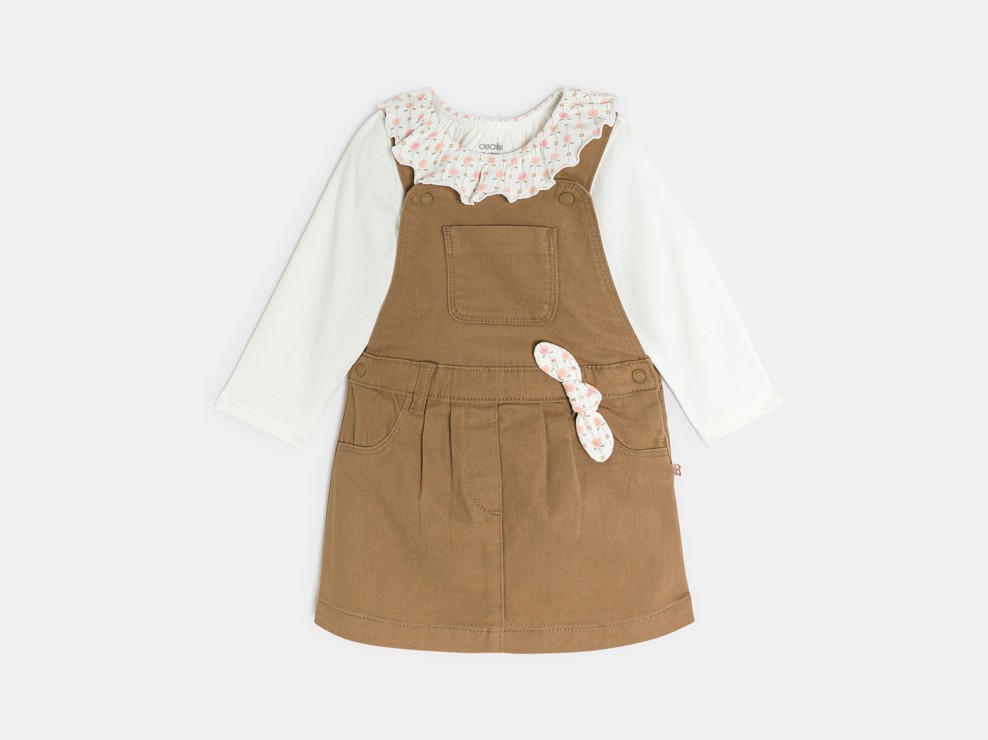 Braunes Latzkleid aus Twill und weißes T-Shirt, Baby, Mädchen 2