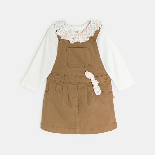 Robe Salopette En Twill Marron Et T-shirt Blanc Bébé Fille - Marron Café - 3M - OBAIBI