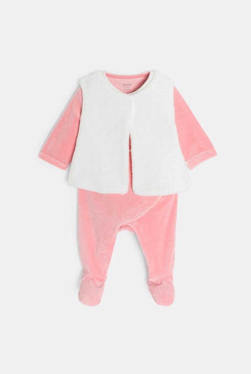 Strampler aus rosafarbenem Velours und Weste, Baby, Mädchen 1