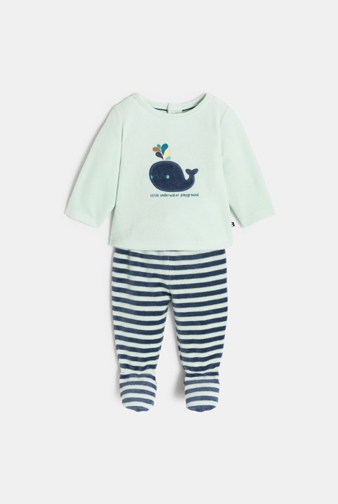 Strampler aus Samt gestreift blau Kleinkind Junge 1