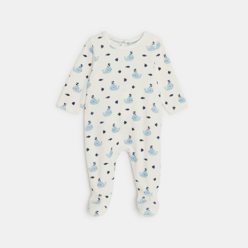 Weißer Strampler aus Samt Walfisch Kleinkind Junge