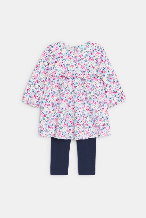 Bedrucktes geblümtes Kleid und blaue Leggings Kleinkind Mädchen 1