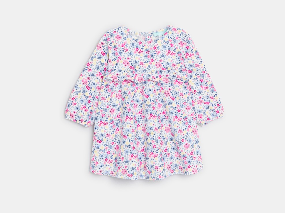 Bedrucktes geblümtes Kleid und blaue Leggings Kleinkind Mädchen 2