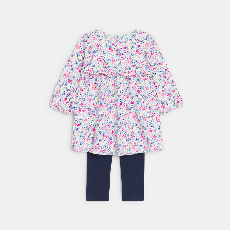 Bedrucktes geblümtes Kleid und blaue Leggings Kleinkind Mädchen