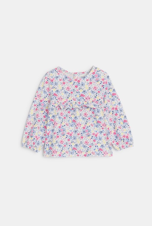 Blusa bianca con motivo floreale e volant per neonata 1