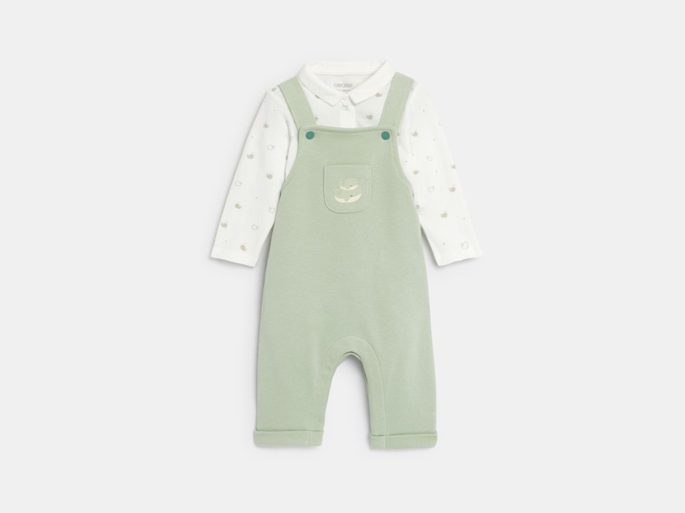 Pantalons de peto de moletó i bodi balena verd bebè nen naixement 1