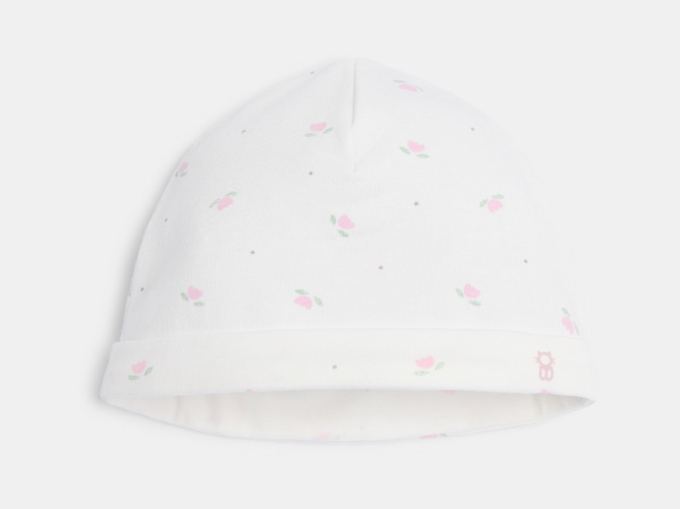 Cuffietta nascita bianca con fiori in cotone per neonata 1