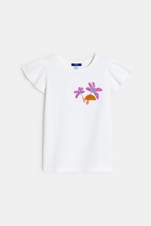 T-shirt manches courtes brodé de perles blanc Fille