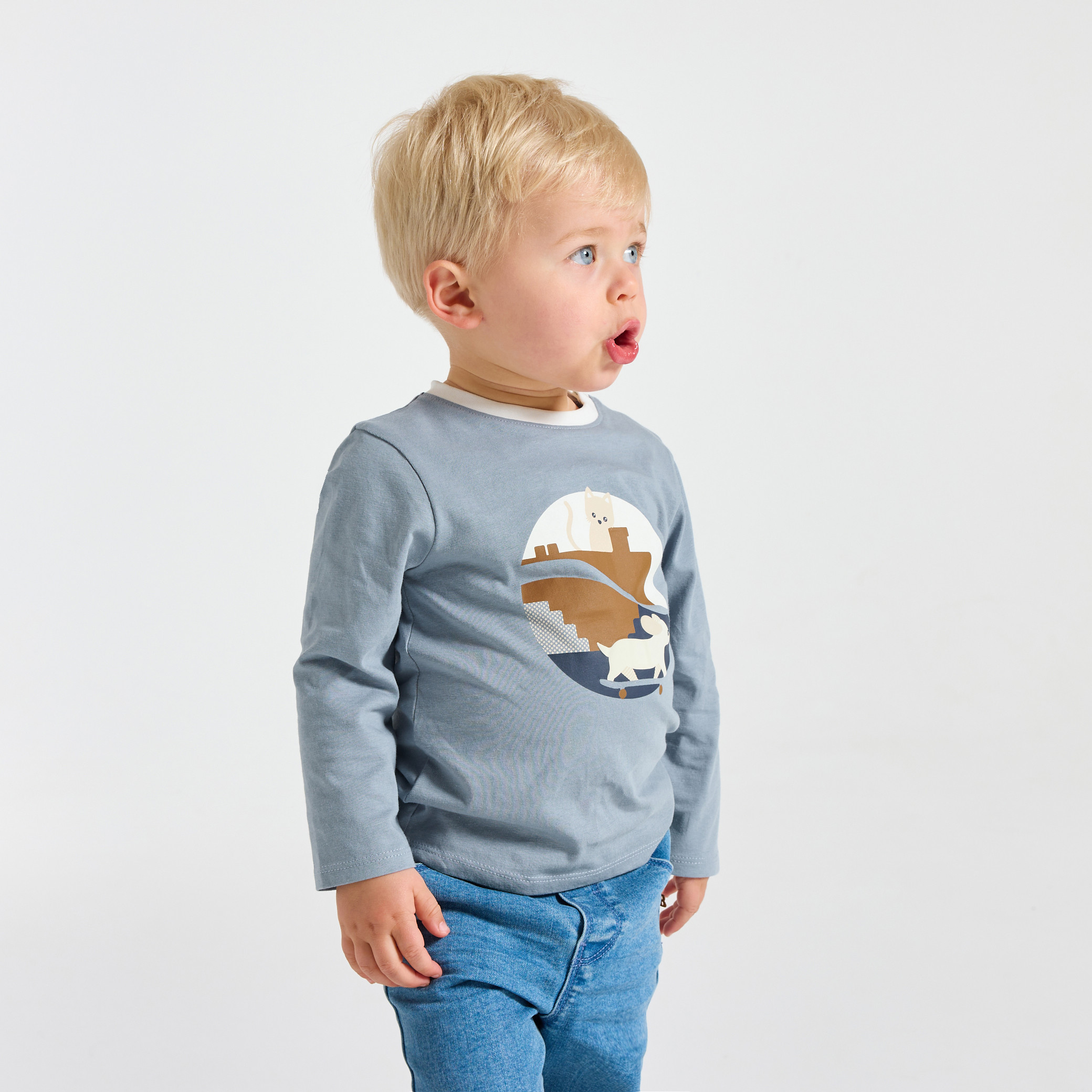 T-shirt animaux gris bébé garçon - Bleu horizon
