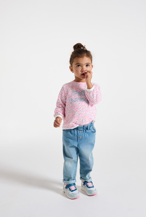 Sweat molleton fleuri à message rose bébé fille 1
