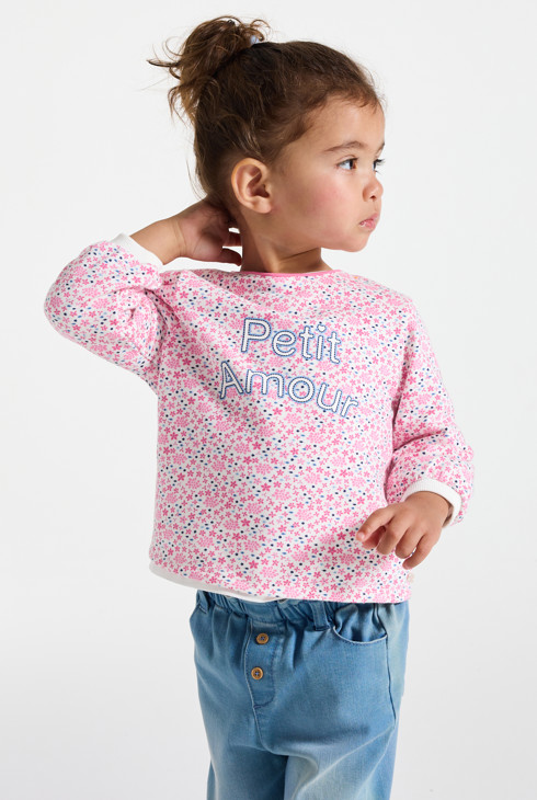 Sweat molleton fleuri à message rose bébé fille 2