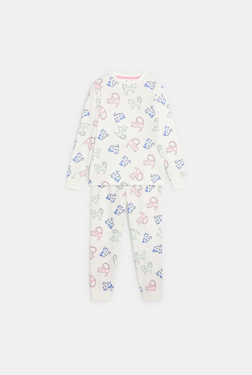 Bijela pidžama s motivom mačaka za djevojčice 1
