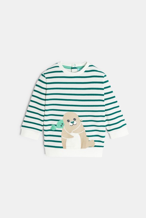 Felpa verde a righe con motivo animalier per neonato 1