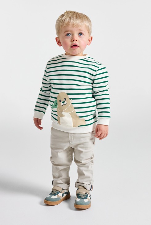 Groen gestreepte sweater met diermotiefje voor babyjongens 1