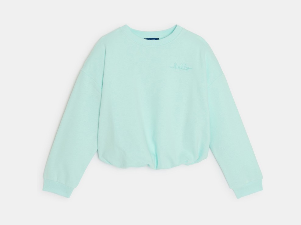 Sweat molleton ourlet boule vert fille 1