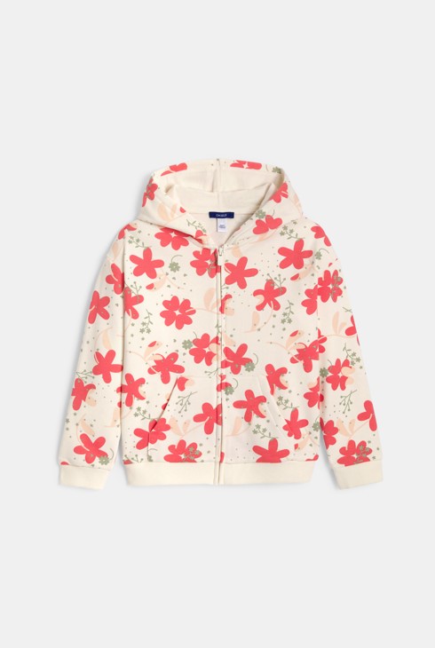 Dessuadora amb cremallera i caputxa florejada beix nena 2