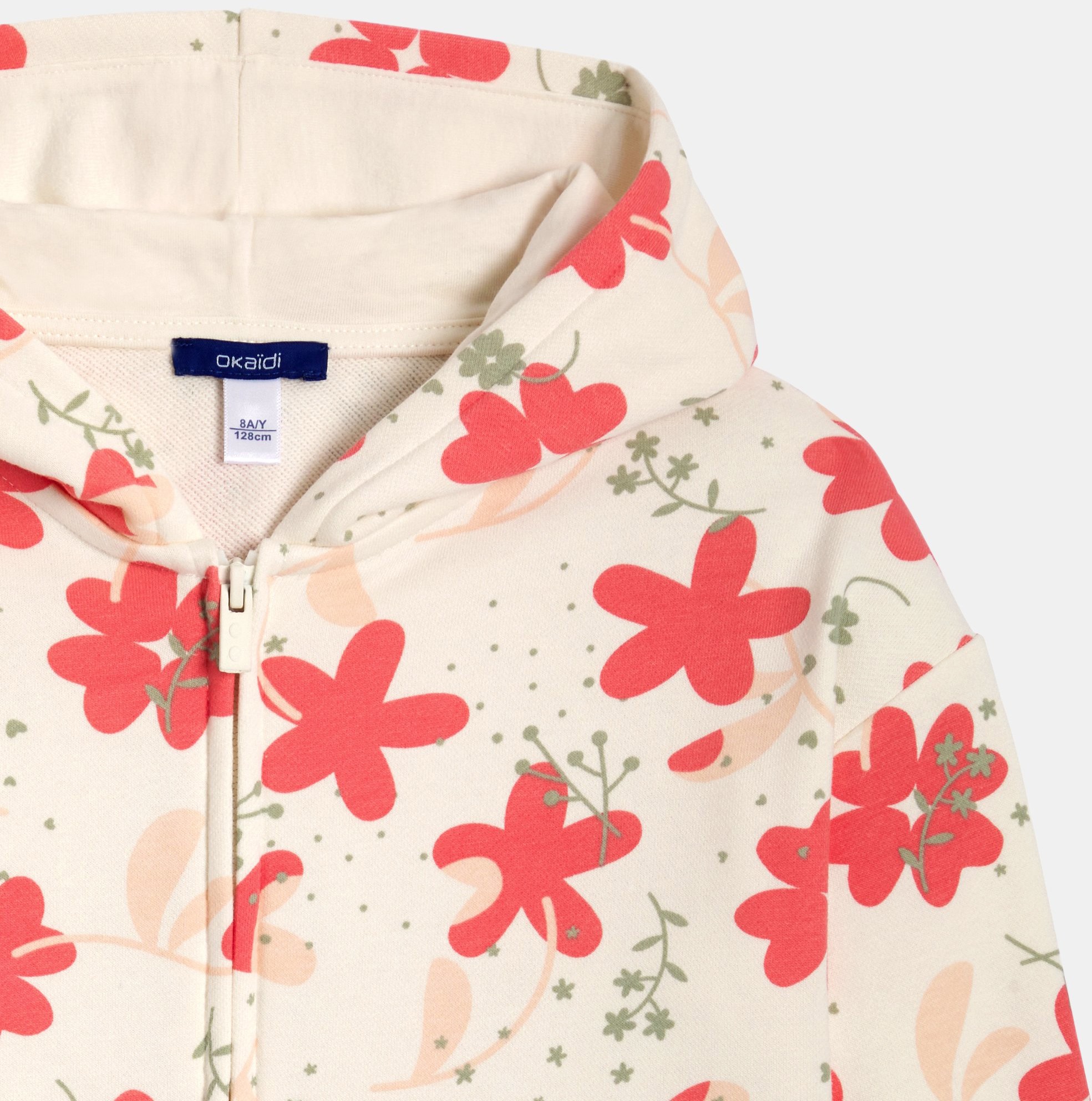 Sweat zippé à capuche fleuri beige Fille