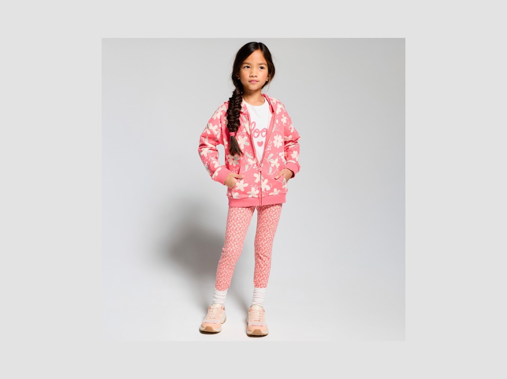 Felpa con cappuccio e cerniera floreale multicolore bambina 1