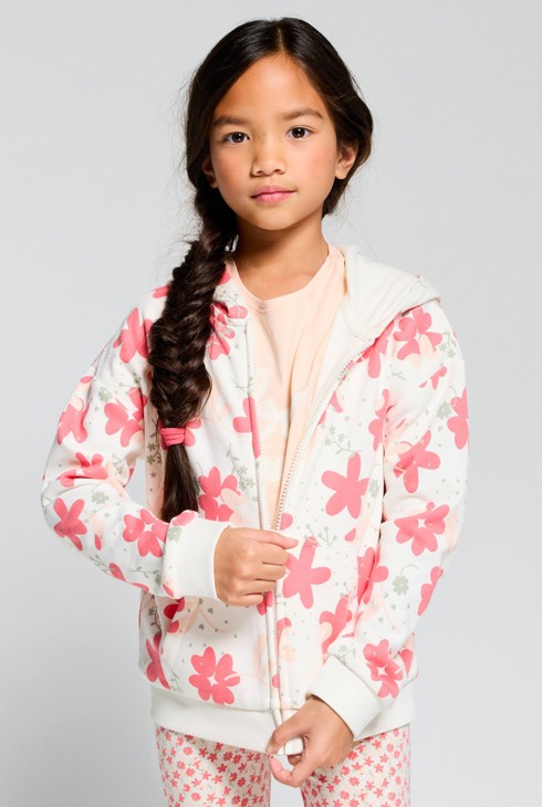 Dessuadora amb cremallera i caputxa florejada beix nena 1